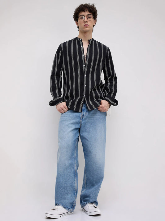 Black & White Vertical Striped Mandarin Shirt