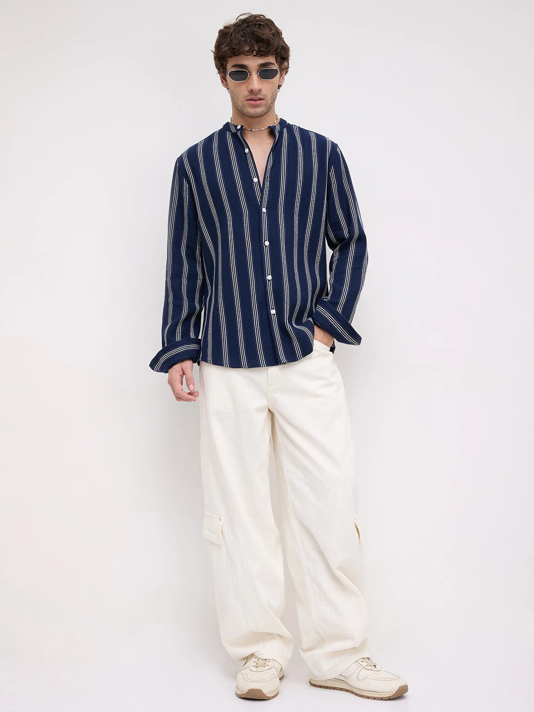 Navy & White Vertical Striped Mandarin Shirt