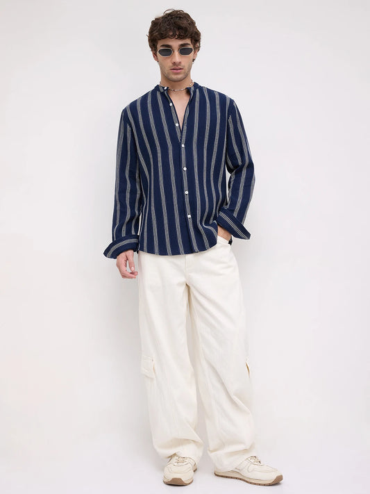 Navy & White Vertical Striped Mandarin Shirt
