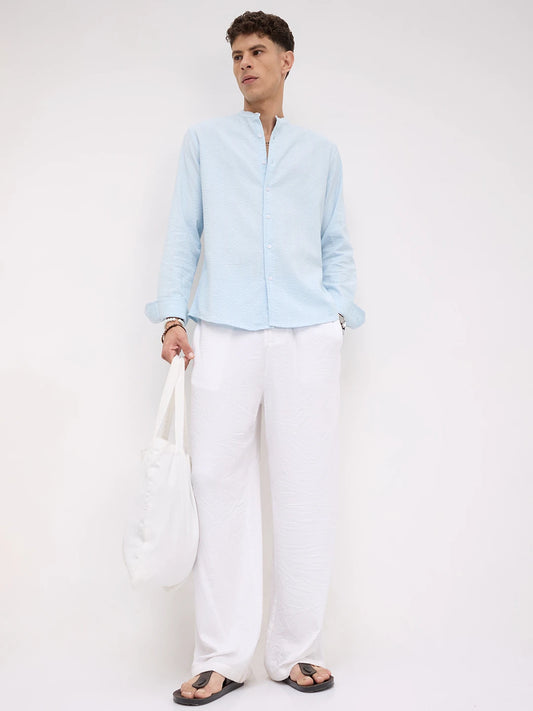 Luxe Sky Blue Seersucker Mandarin Shirt