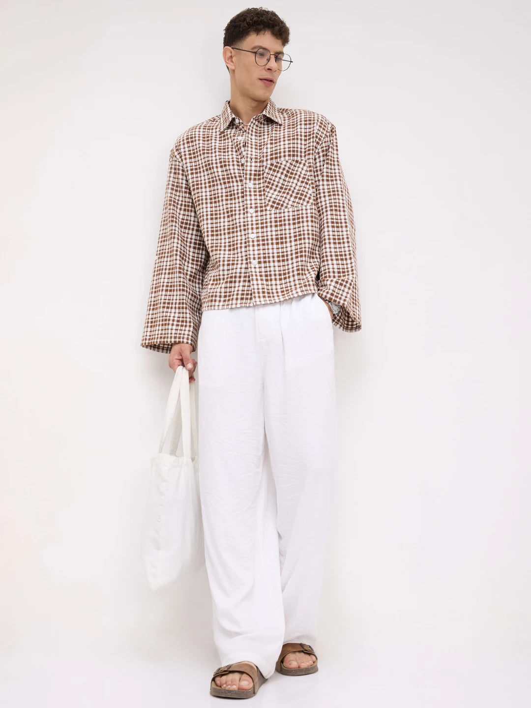 Rich Brown Crosshatch Checks Cuffless Oversized Crop Shirt