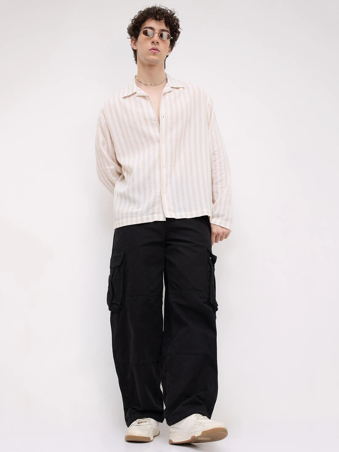 Bisque Beige Candy Striped Notch Collar Oversized Shirt
