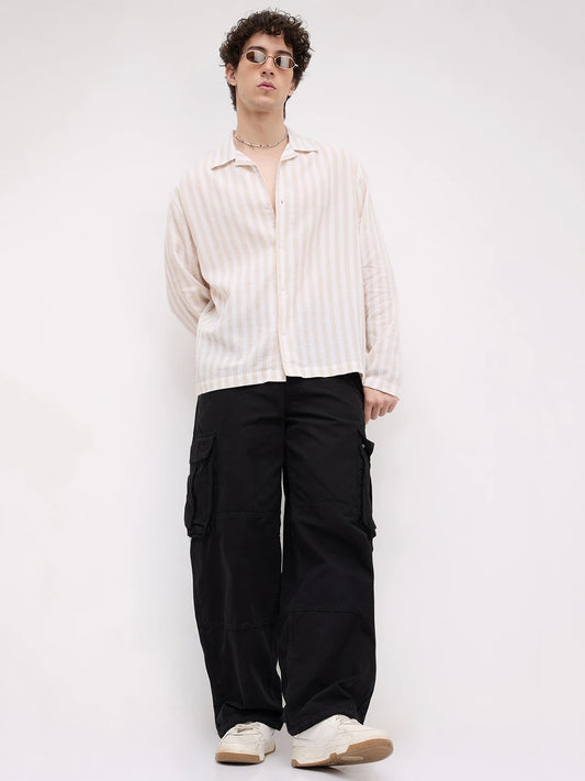 Bisque Beige Candy Striped Notch Collar Oversized Shirt