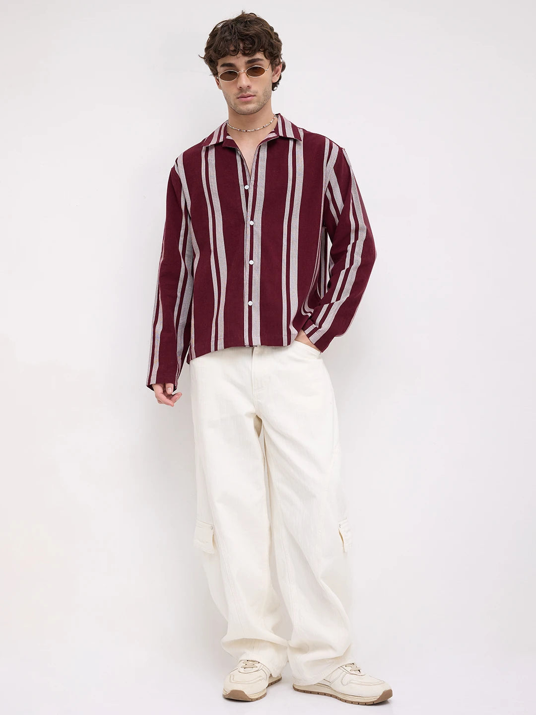 Luxe Maroon Contrast Striped Corduroy Notch Collar Oversized Shirt