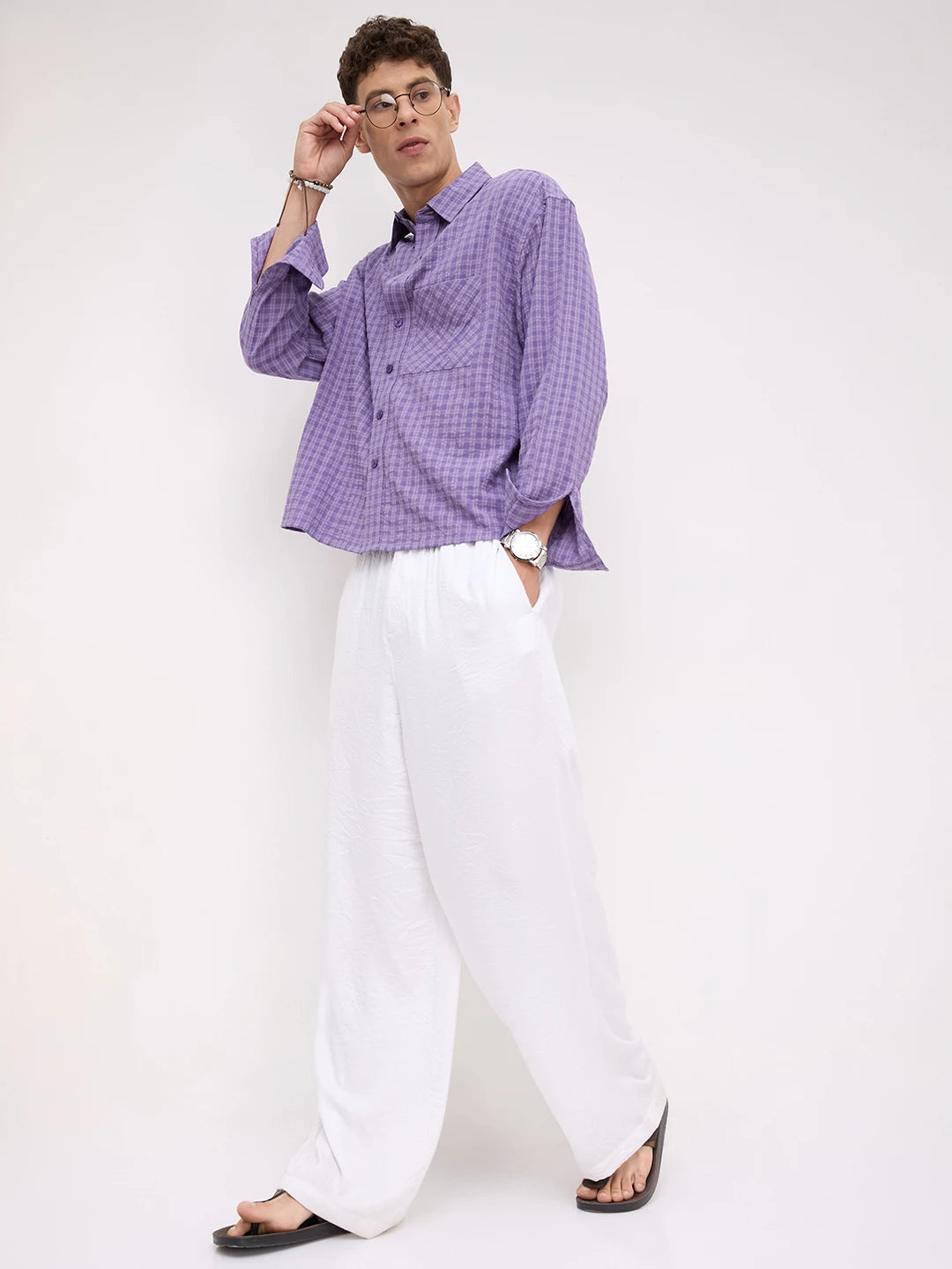 Purple Shadow Checks Boxy Fit Crop Shirt