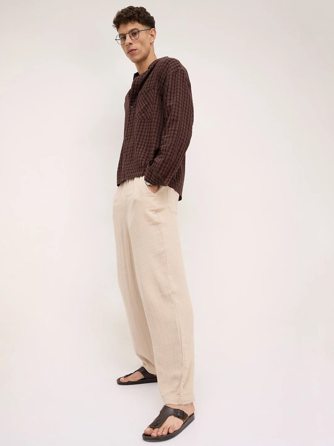 Warm Espresso Windowpane Checks Boxy Fit Crop Shirt