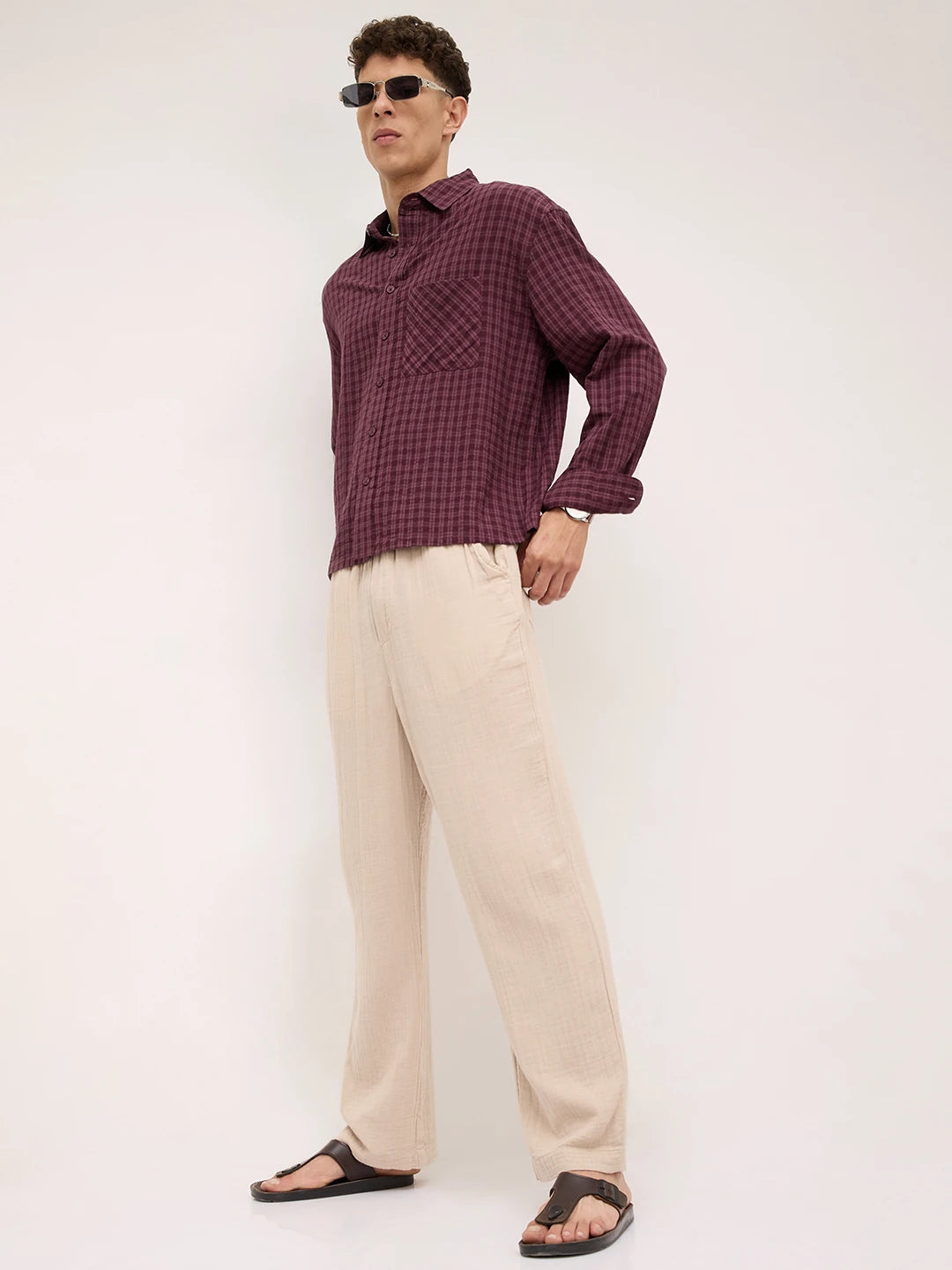 Rich Maroon Windowpane Checks Boxy Fit Crop Shirt
