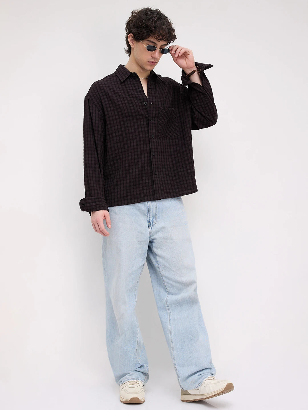 Rick Black Plaid Checks Boxy Fit Crop Shirt