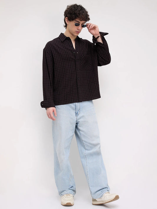 Rick Black Plaid Checks Boxy Fit Crop Shirt