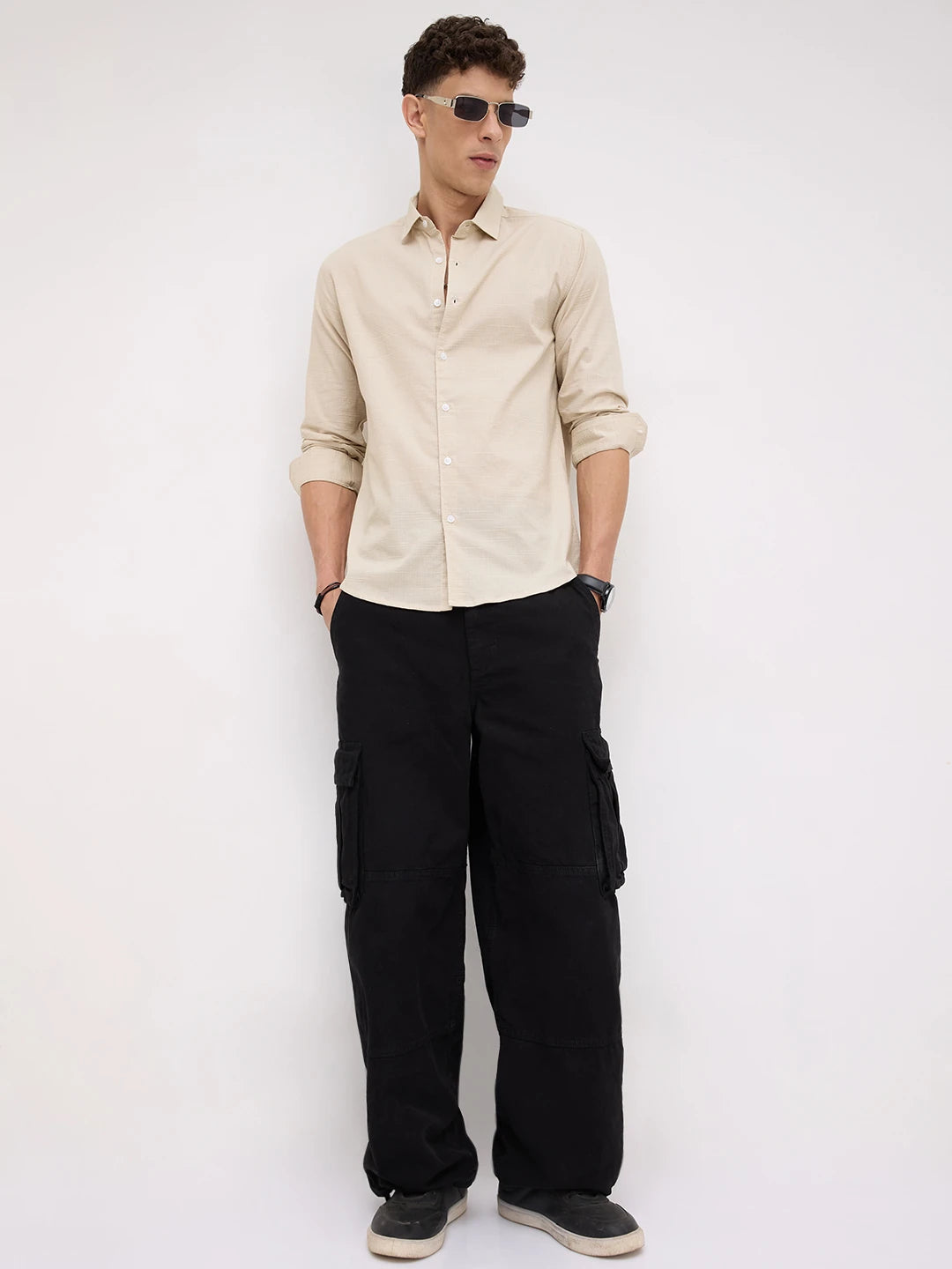 Bisque Beige Micro Square Textured Shirt