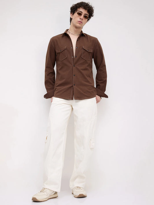 Hickory Brown Twin Pocket Knitted Overshirt