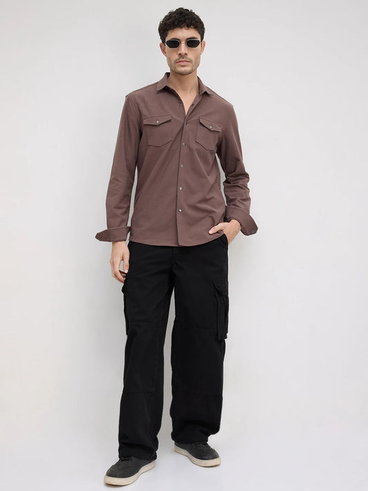 Dusty Brown Twin Flap Pocket Knitted Overshirt