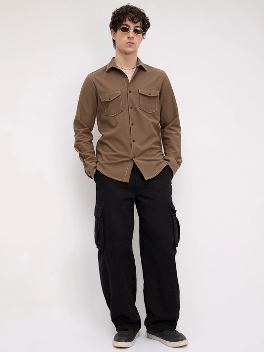 Walnut Brown Twin Pocket Knitted Overshirt