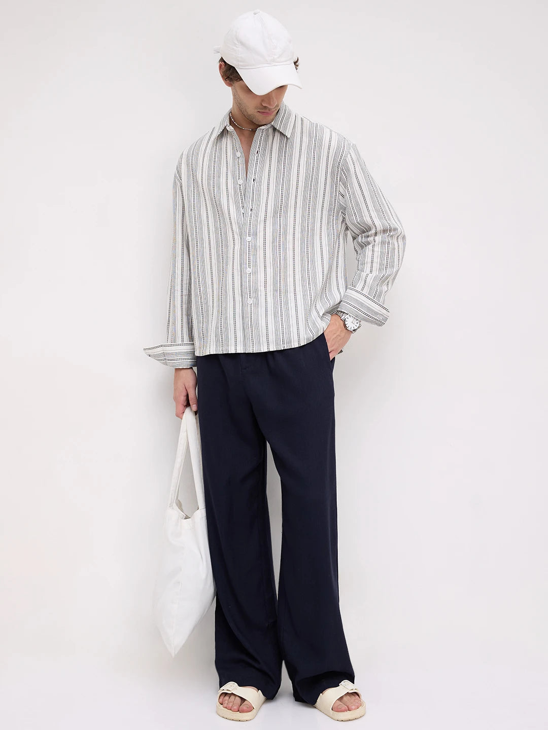 Refined Monochrome Striped Boxy Fit Crop Shirt