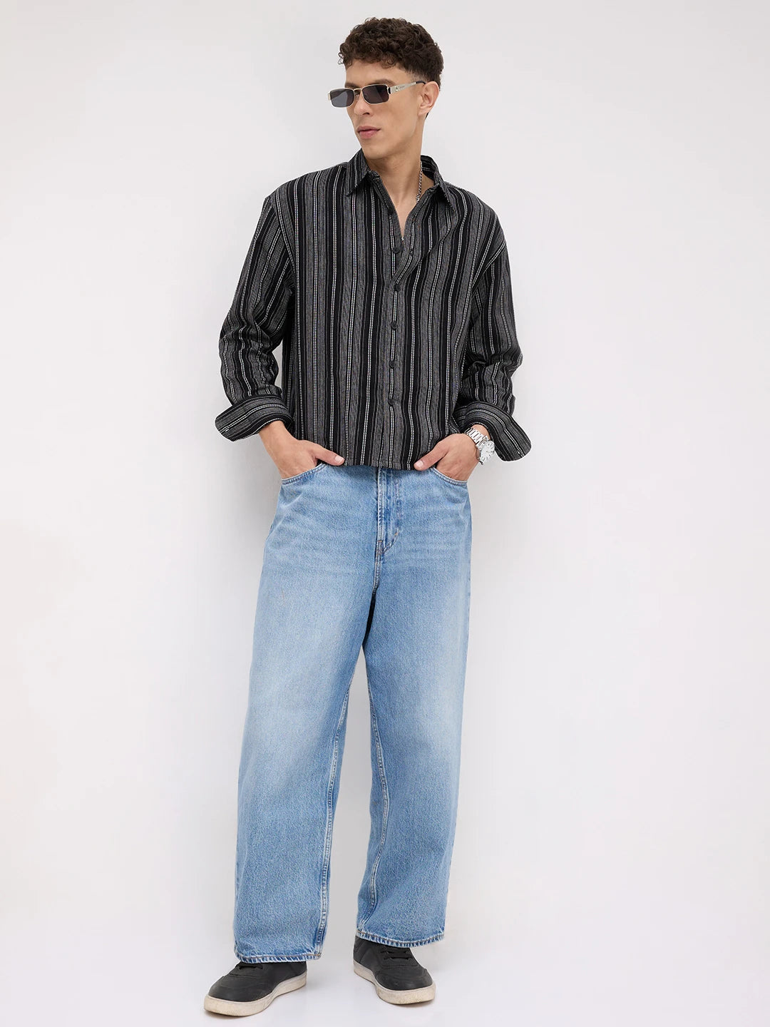 Artisan Monochrome Contrast Striped Boxy Fit Crop Shirt