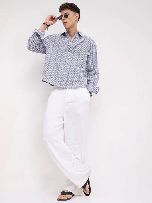 Breezy Blue Vacation Checks Boxy Fit Crop Shirt