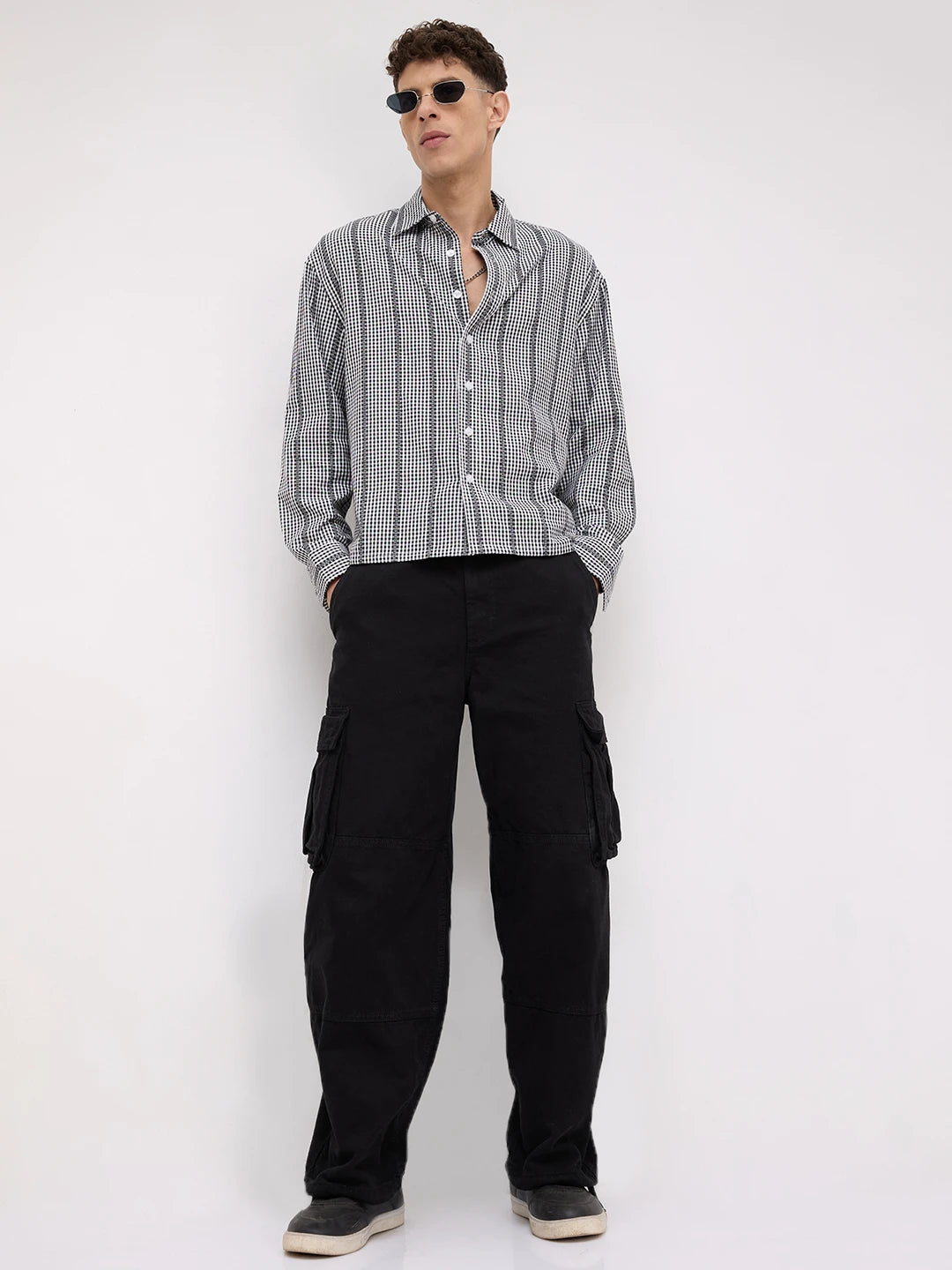 Bold Monochrome Vacation Checks Boxy Fit Crop Shirt