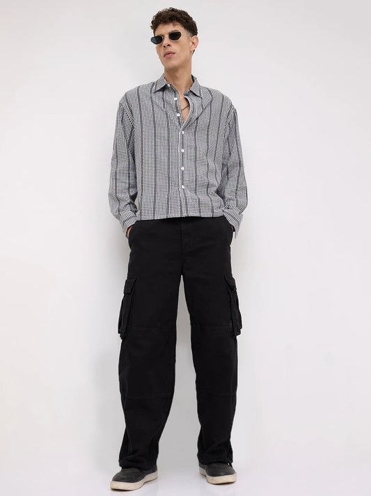 Bold Monochrome Vacation Checks Boxy Fit Crop Shirt