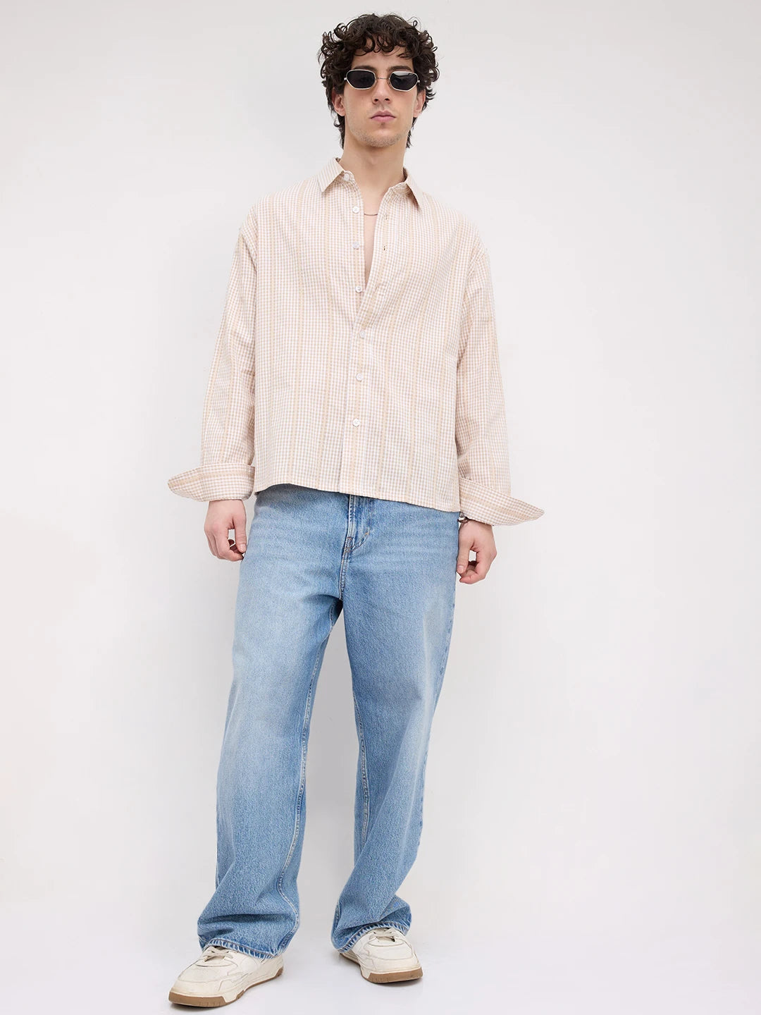 Sand Beige Vacation Checks Boxy Fit Crop Shirt