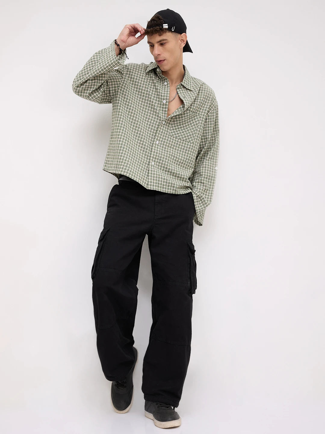 Moss Green & Ivory Cuffless Oversized Crop Shirt