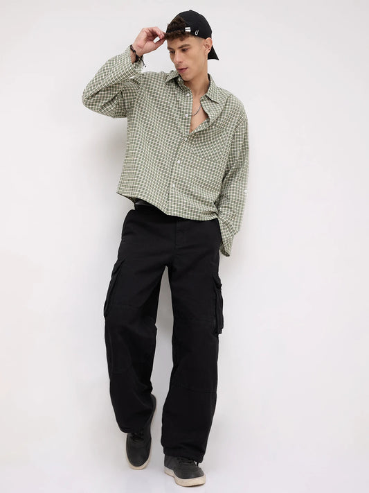 Moss Green & Ivory Cuffless Oversized Crop Shirt