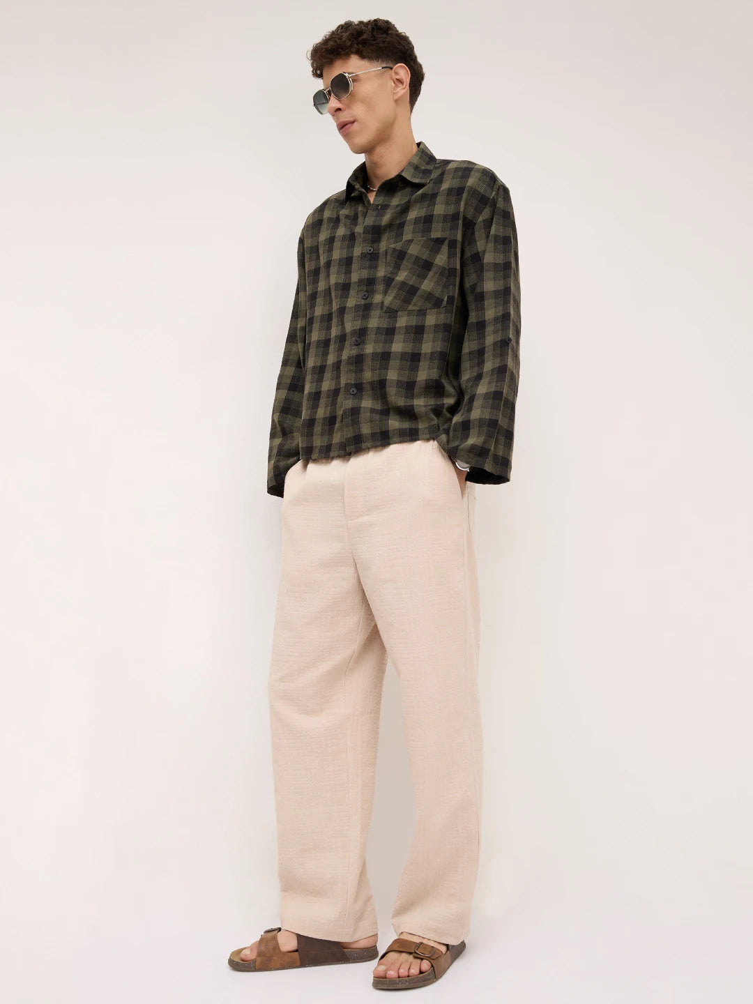 Luxe Green & Black Square Checks Cuffless Oversized Crop Shirt
