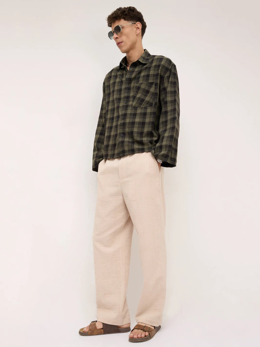 Luxe Green & Black Square Checks Cuffless Oversized Crop Shirt