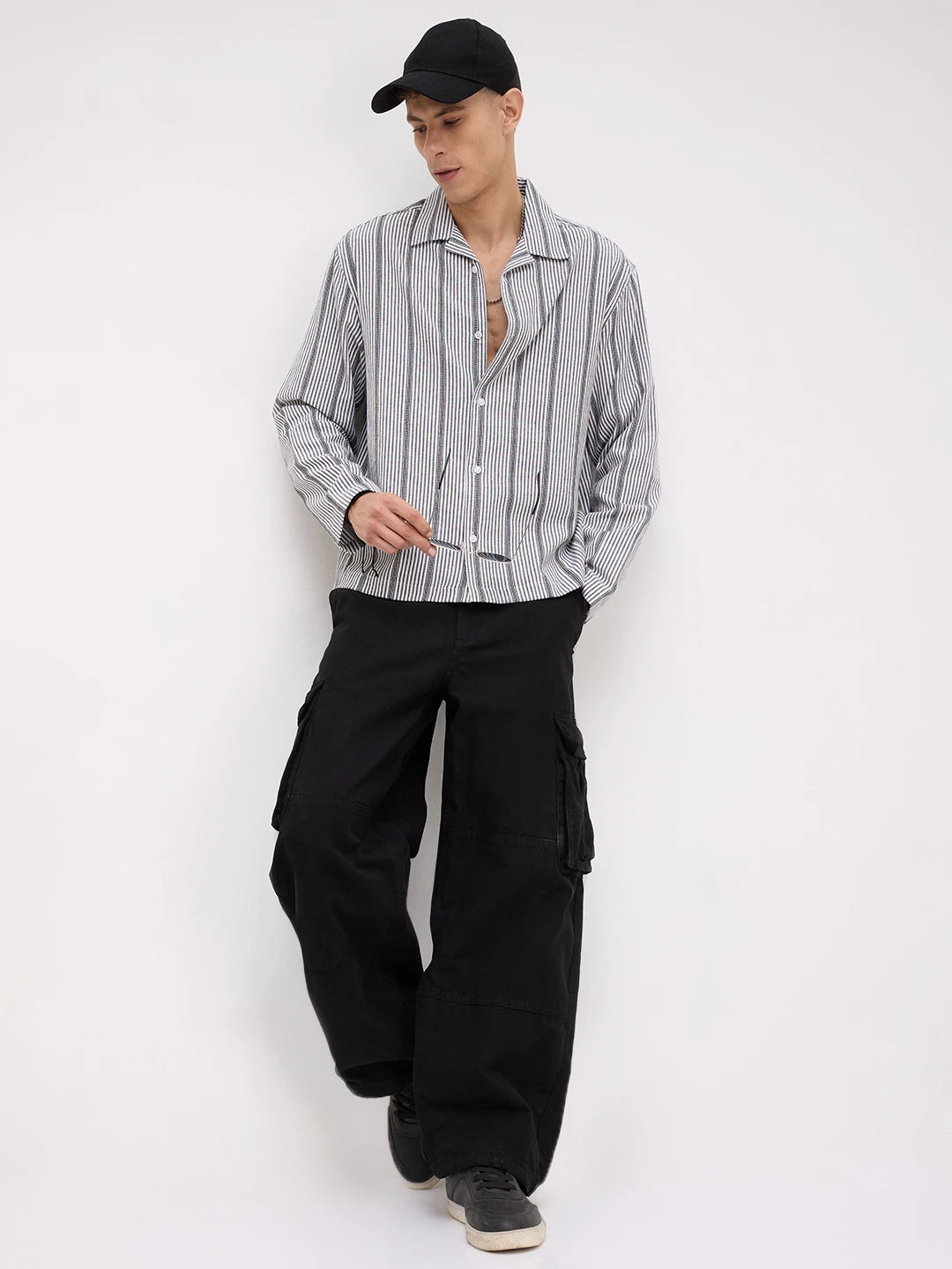 Luxe Monochrome Candy Striped Notch Collar Oversized Shirt