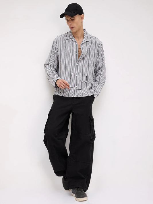 Luxe Monochrome Candy Striped Notch Collar Oversized Shirt