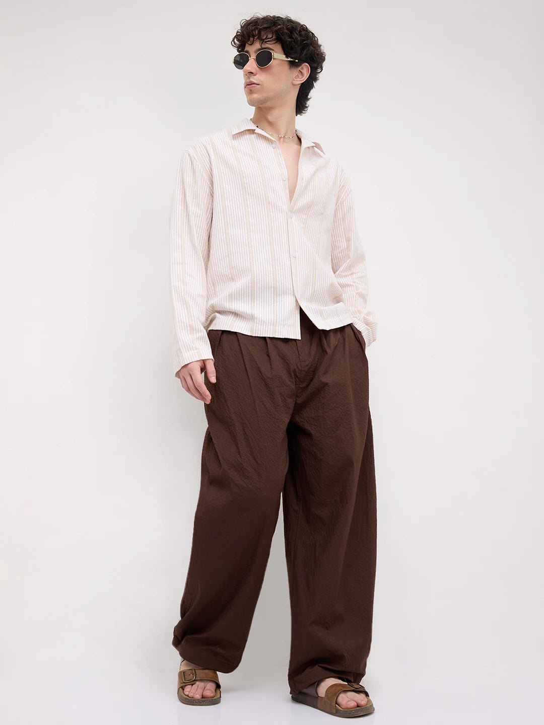 Luxe Beige Candy Striped Notch Collar Oversized Shirt