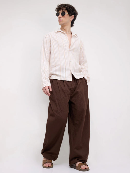 Luxe Beige Candy Striped Notch Collar Oversized Shirt
