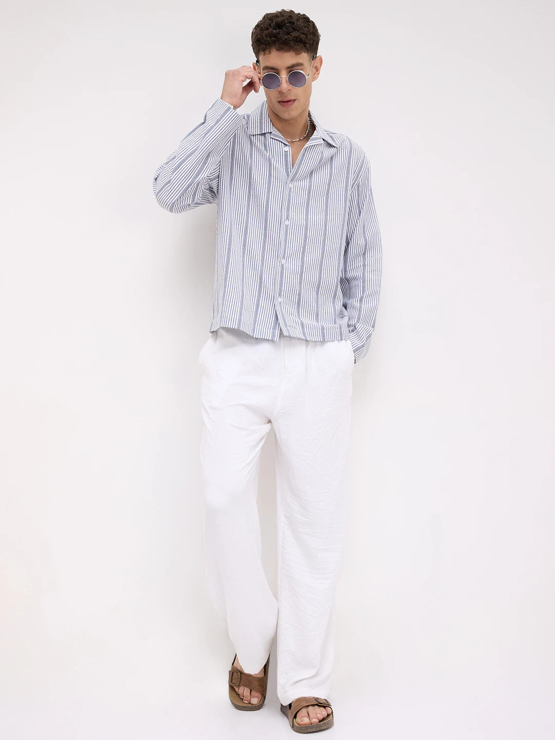 Luxe Blue Candy Striped Notch Collar Oversized Shirt