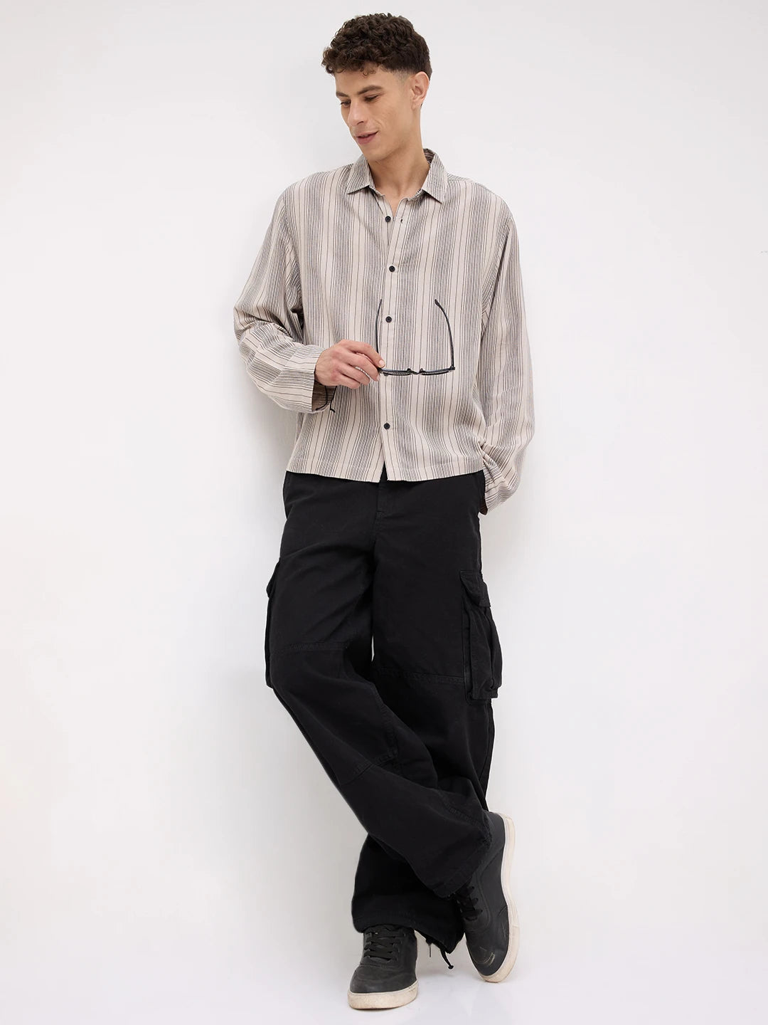 Soft Taupe Beige Striped Cuffless Oversized Shirt