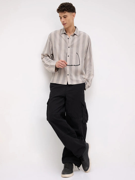 Soft Taupe Beige Striped Cuffless Oversized Shirt
