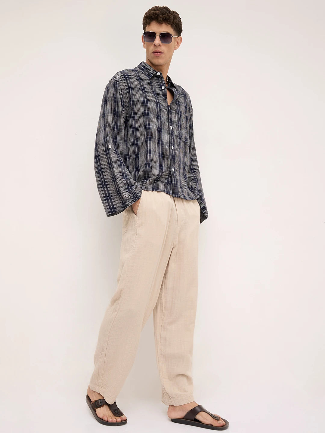 Sovereign Midnight Navy Contrast Checks Cuffless Oversized Crop Shirt
