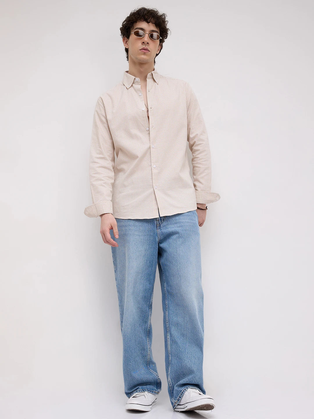 Sand Gingham Checks Button-Down Collar Business Shirt