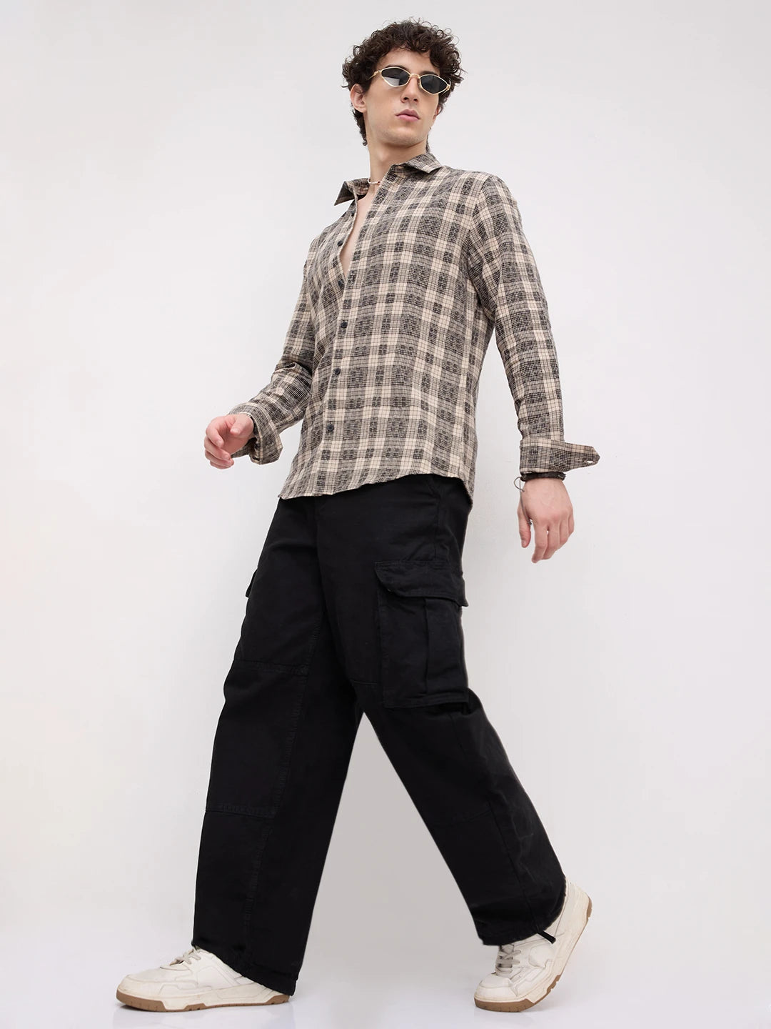 Vintage Beige Plaid Checks Shirt
