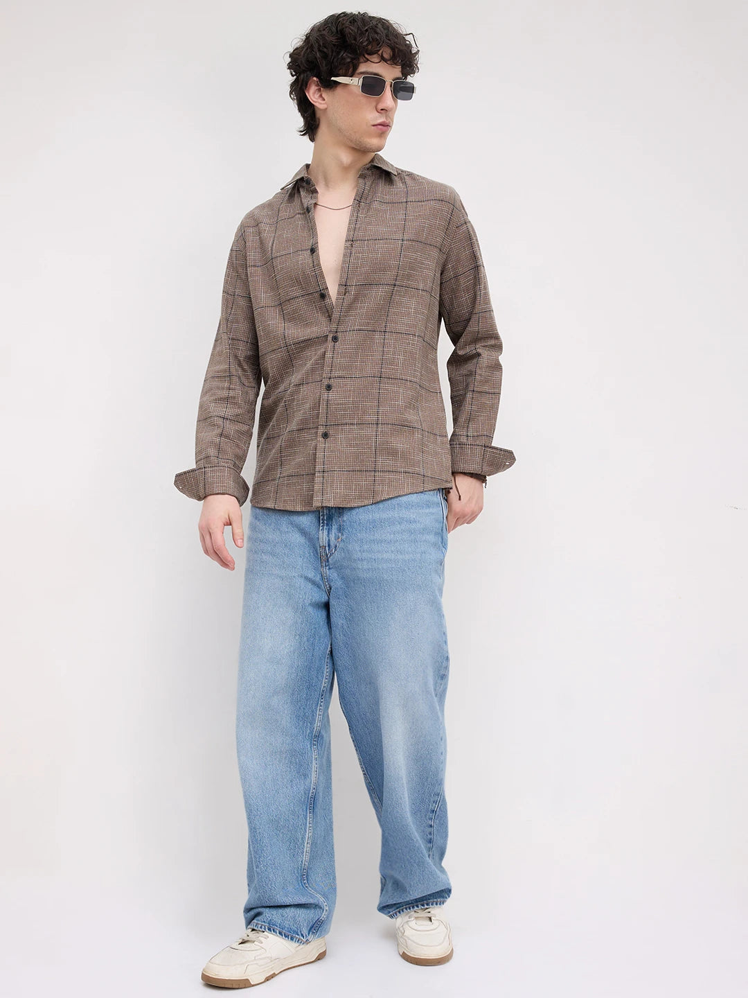 Russet Brown Contrast Windowpane Checks Shirt