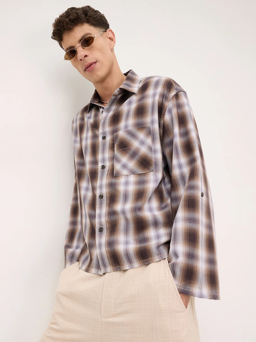 Luxe Brown Plaid Checks Cuffless Oversized Crop Shirt