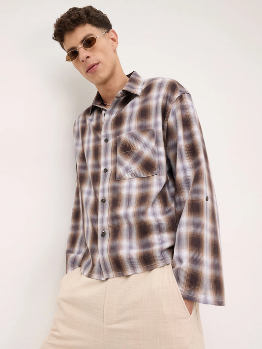 Luxe Brown Plaid Checks Cuffless Oversized Crop Shirt
