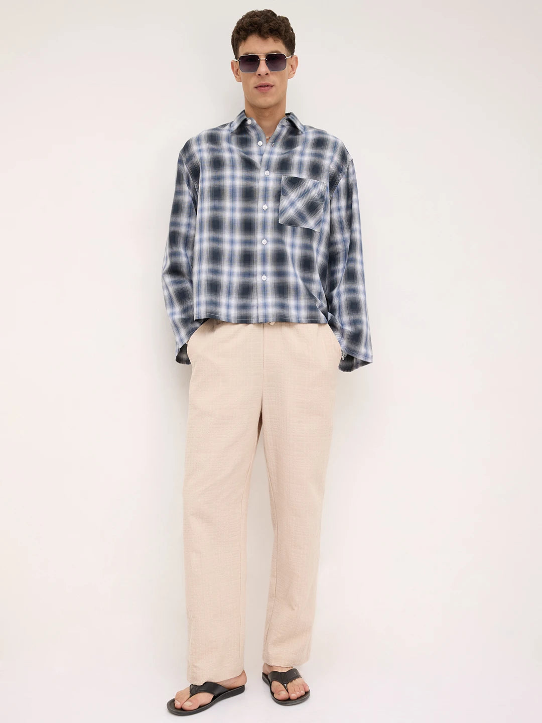Opulent Slate Blue Plaid Checks Cuffless Boxy Fit Crop Shirt