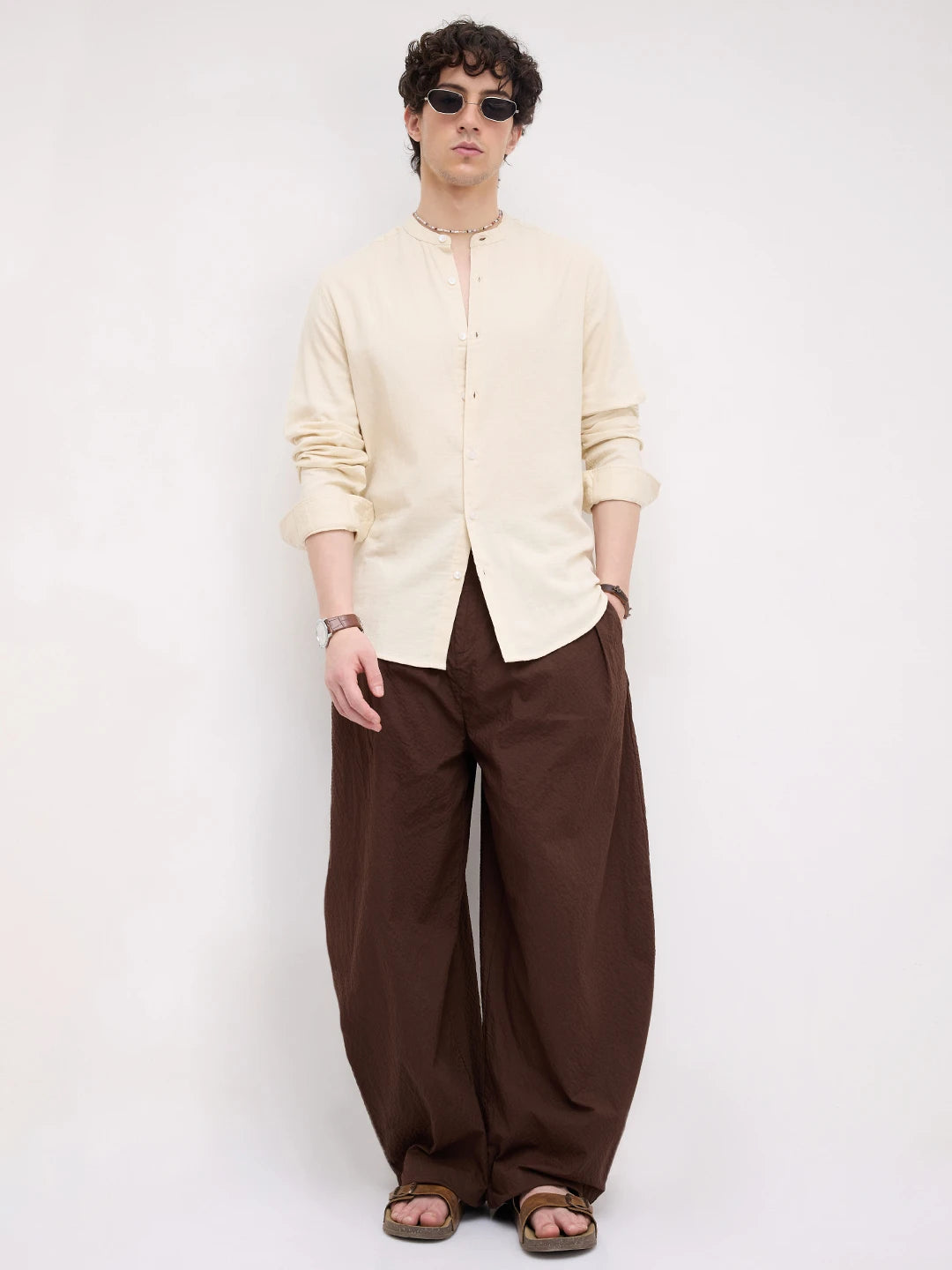 Bisque Beige Herringbone Textured Mandarin Shirt