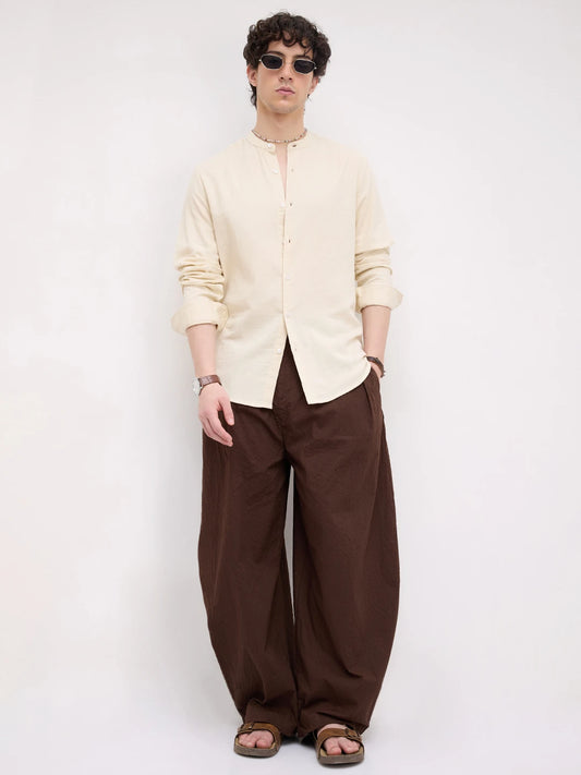 Bisque Beige Herringbone Textured Mandarin Shirt