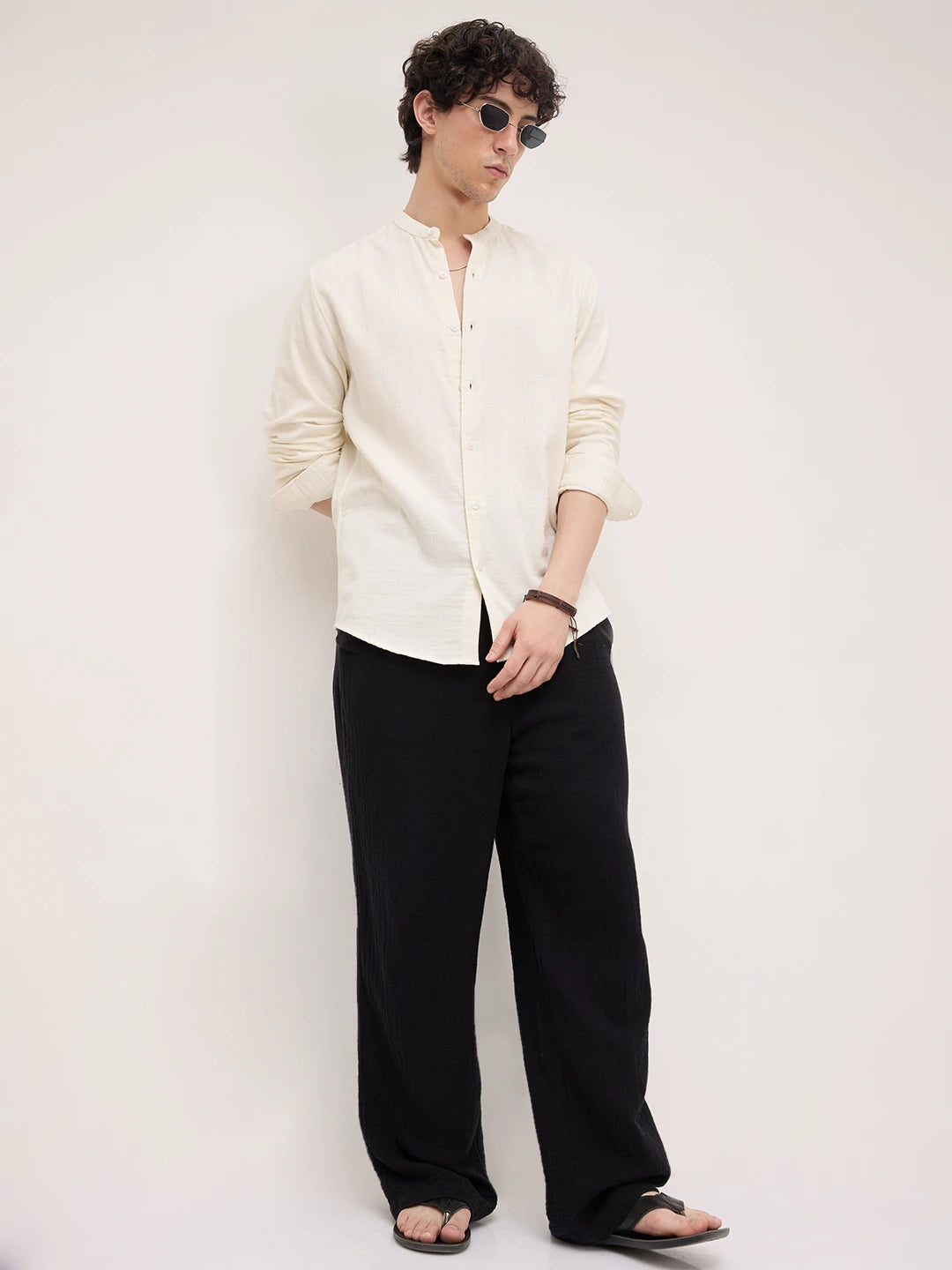 Off White Herringbone Textured Mandarin Shirt