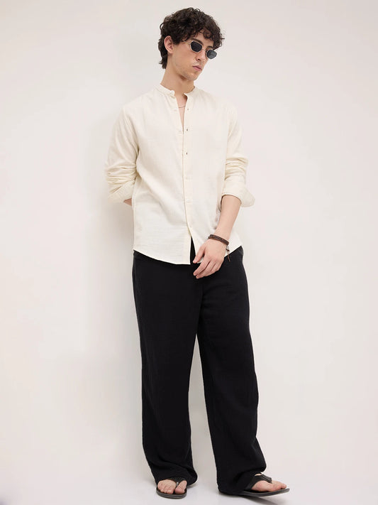 Off White Herringbone Textured Mandarin Shirt