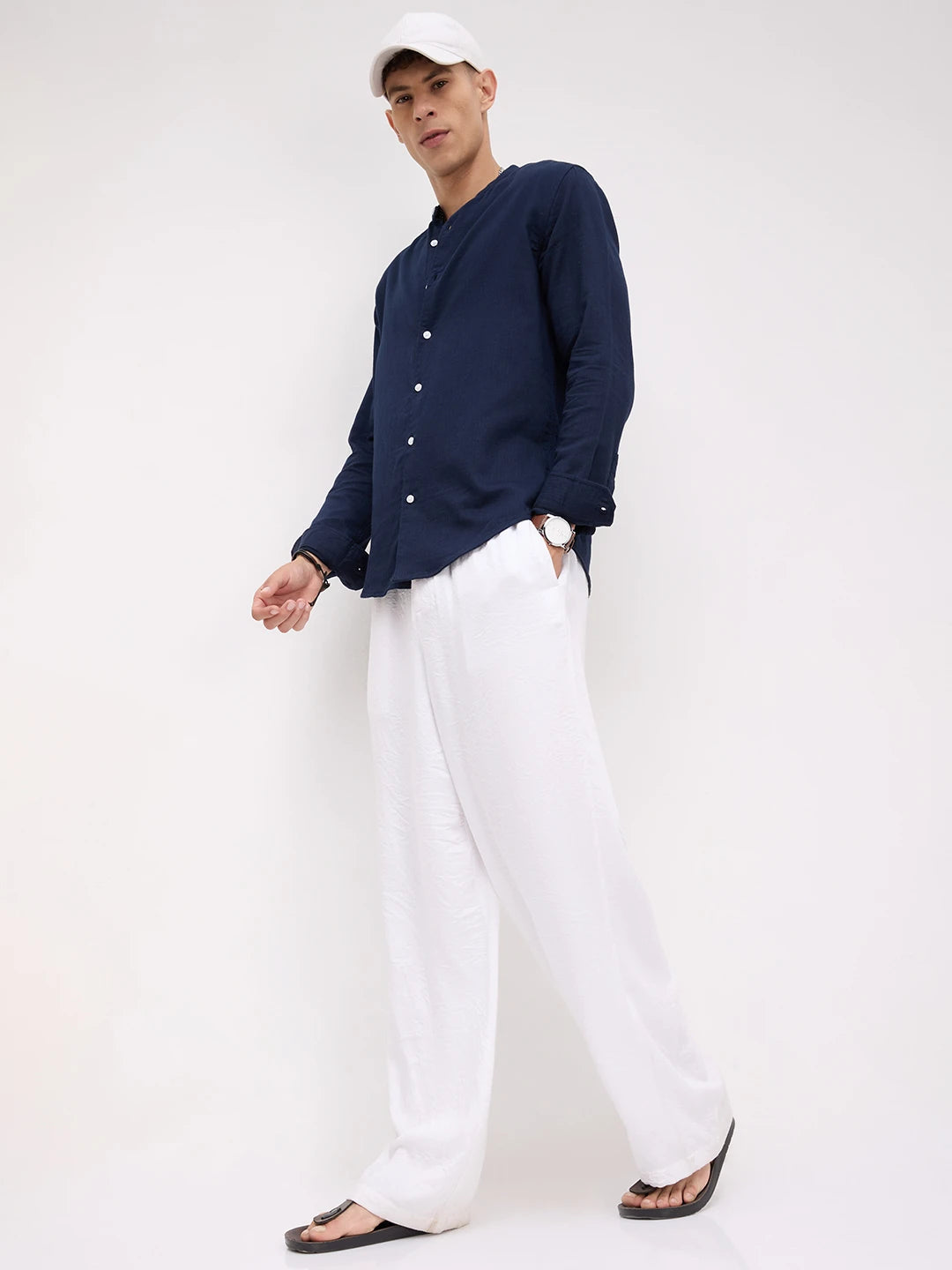 Navy Herringbone Textured Mandarin Shirt