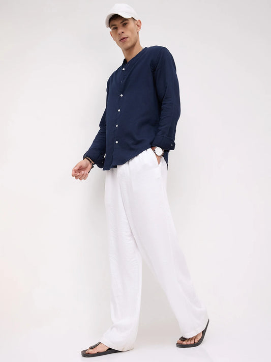 Navy Herringbone Textured Mandarin Shirt