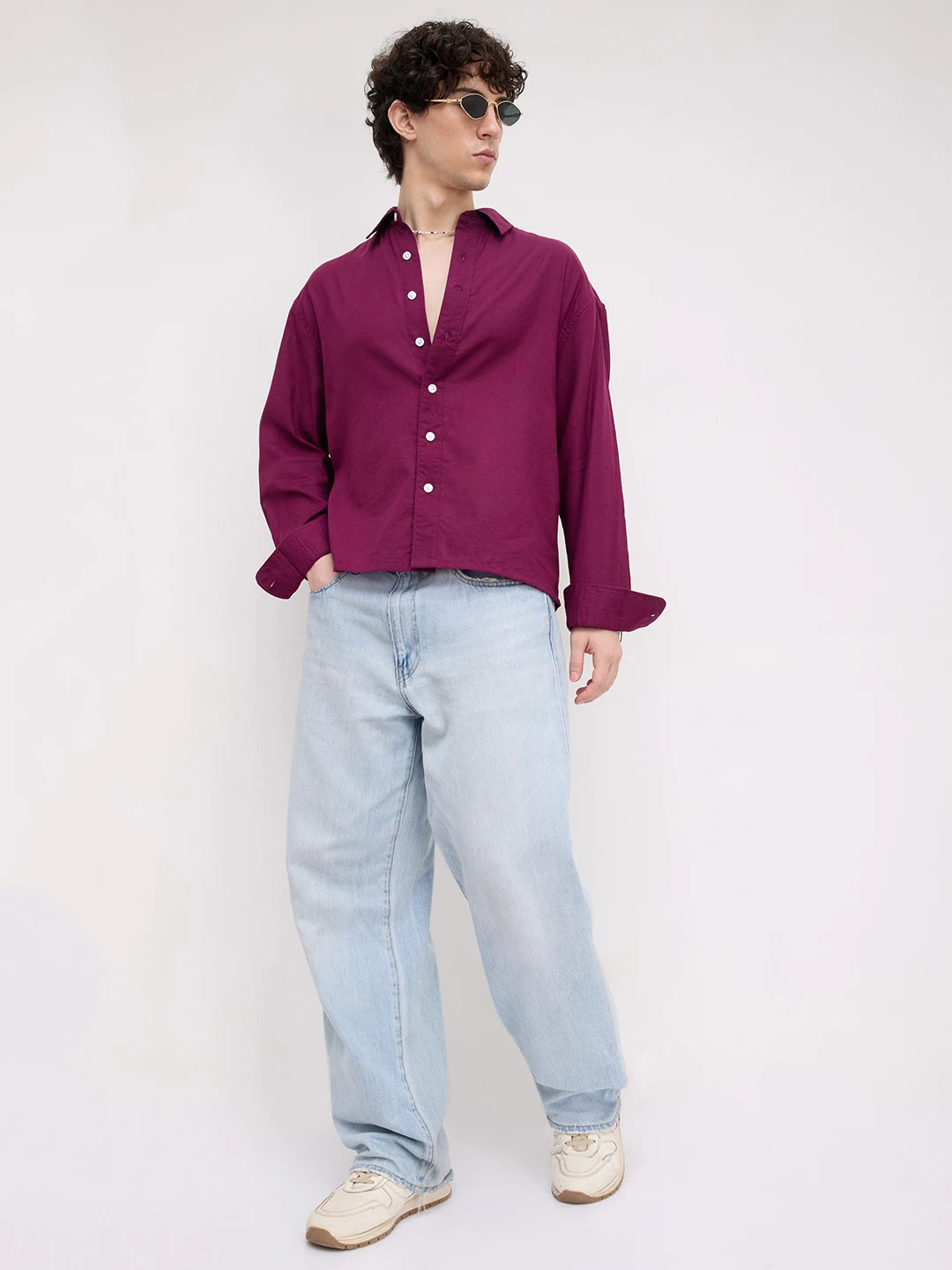 Luxe Maroon Micro Square Textured Boxy Fit Crop Shirt