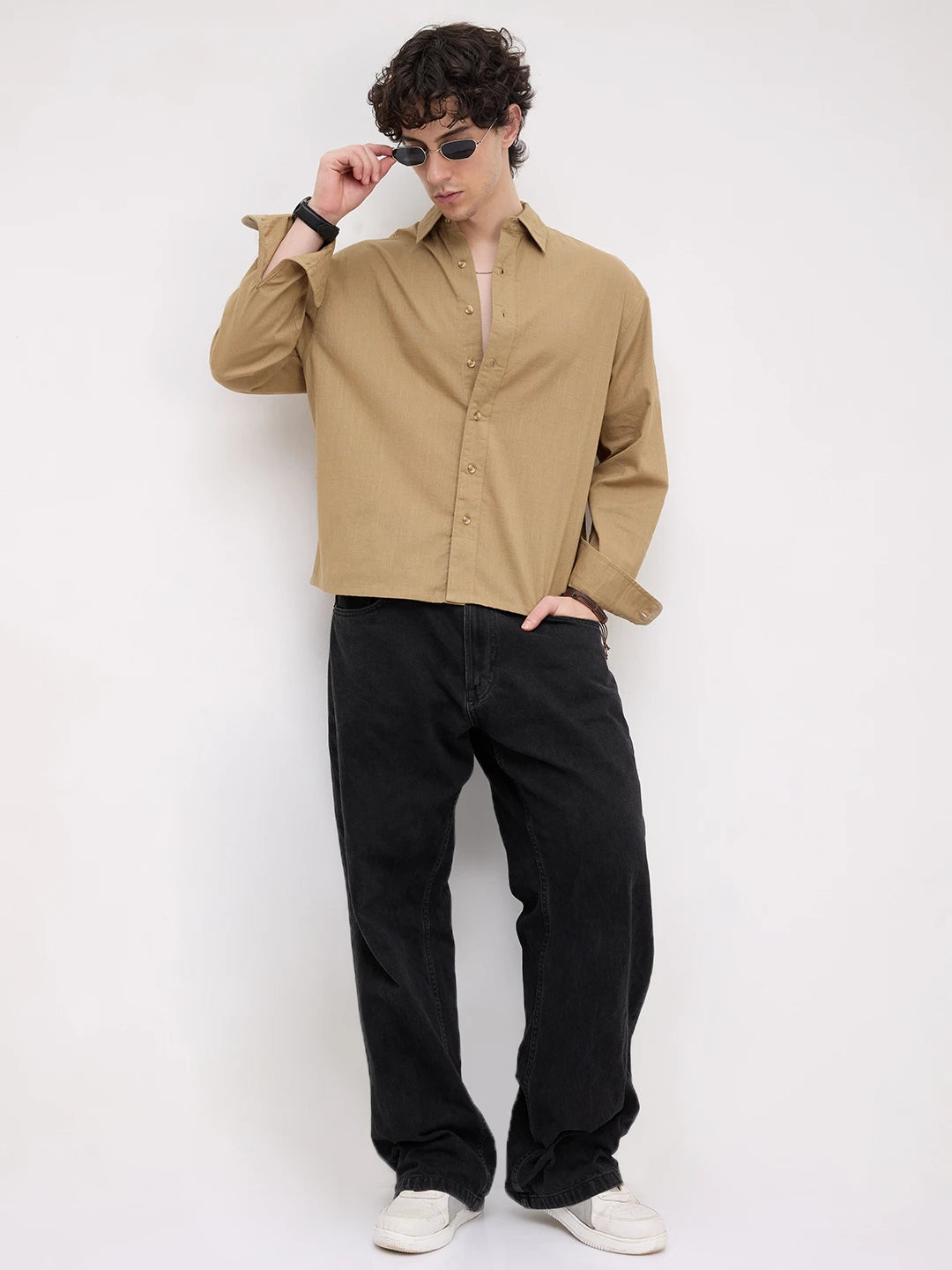 Rich Khaki Micro Square Textured Boxy Fit Crop Shirt