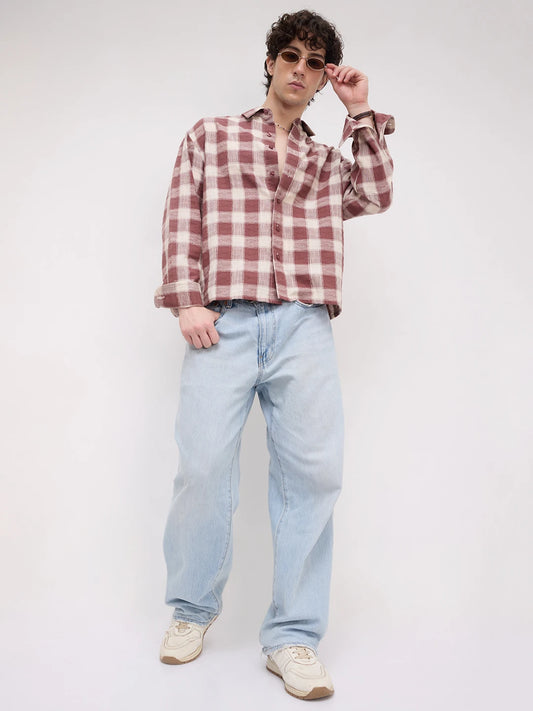 Vintage Maroon Handloom Inspired Checks Boxy Fit Crop Shirt